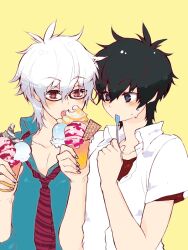  2boys black_hair blue_eyes blush cup eating food gintama glasses hijikata_toushirou holding holding_spoon ice_cream kyuusama male_focus multiple_boys necktie oerba_yun_fang red_eyes sakata_gintoki shirt simple_background spoon waffle white_hair 