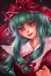  bow commentary_request dress female frills front_ponytail green_eyes green_hair hair_ribbon hairbow kagiyama_hina lips open_mouth ribbon sheryth solo touhou 