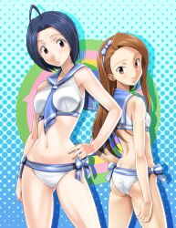  2girls ahoge ass between_breasts bikini blue_hair breasts brown_hair commentary_request hairband hand_on_own_hip hat idolmaster idolmaster_(classic) long_hair looking_back minase_iori miura_azusa muhi11234 multiple_girls navel necktie one_eye_closed pink_eyes red_eyes sailor_bikini sailor_collar sailor_swimsuit_(idolmaster) shadow shiny_skin side-tie_bikini_bottom skindentation smile swimsuit 