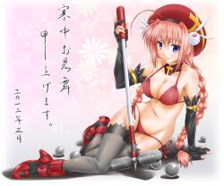  2012 aged_up bikini blue_eyes braid breasts commentary_request covered_nipples female fingerless_gloves gloves graf_eisen hat kanchuumimai long_hair lyrical_nanoha mahou_shoujo_lyrical_nanoha_strikers mallet medium_breasts photoshop_(medium) red_bikini red_hair shinozuki_takumi smile solo swimsuit thighhighs translated twintails vita_(nanoha) 