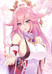  1girls 2022 breasts cherry_blossoms clothed_female detached_sleeves ear_piercing female female_only fox_ears fox_girl genshin_impact hair_ornament hips huge_breasts kitsune long_ears long_hair miko outdoors pink_hair punopupupu purple_eyes shrine_maiden sideboob slim_waist thick_thighs thighs wide_hips yae_miko zeroshiki_kouichi 