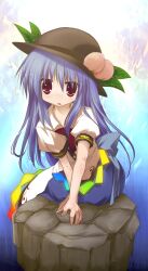  blue_hair commentary_request female food fruit hat highres hinanawi_tenshi izumi_yukiru long_hair open_mouth peach red_eyes rock sitting sitting_on_object solo touhou 