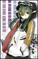  bad_id bad_pixiv_id bandages bandaid eyepatch female green_hair hand_in_pocket hatsune_miku highres hood hoodie knife red_eyes senka_shion solo vocaloid zipper 