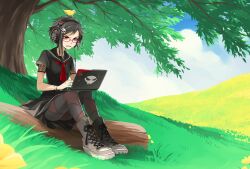  angry animal animal_on_head bird bird_on_head black_hair boots cloud commentary computer day english_commentary female glasses goth_fashion grass headphones kriss_sison laptop log mouth_hold on_head original pantyhose punk red_eyes school_uniform serafuku sitting skirt solo tree 