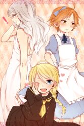  ! 3boys ahoge alice_(wonderland) alice_(wonderland)_(cosplay) alice_in_wonderland apron atlus blonde_hair blue_eyes blush bow braid brown_eyes brown_hair cosplay costume_switch crossdressing dress dress_lift food frown fruit grey_eyes grey_hair hairband hairbow hanamura_yousuke heart kuma_(persona_4) long_hair looking_back male male_focus multiple_boys narukami_yuu open_mouth persona persona_4 pkbr school_uniform shin_megami_tensei side_ponytail smile strawberry trap twin_braids wink 