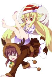  all_fours angelia_avallone animal_costume aq_interactive arcana_heart arcana_heart_2 ass atlus bag barefoot bell blonde_hair blush bottomless brown_hair christmas closed_eyes dress_shirt examu feet fiona_mayfield flat_chest halo hat highres hood hoodie lolicon long_hair multiple_girls off_shoulder open_mouth red_eyes reindeer_costume santa_hat shirt short_twintails skirt sleeves_past_wrists tears thighhighs torimaru twintails very_long_hair white_legwear 