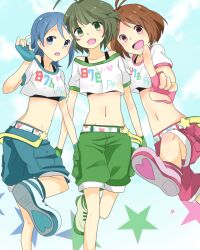  1boy 2girls :d ahoge akizuki_ryo bad_id bad_pixiv_id belt blue_eyes blue_hair brown_hair crop_top crossdressing dearly_stars_(idolmaster) fingerless_gloves gloves green_eyes green_hair hidaka_ai idolmaster idolmaster_dearly_stars midriff mizutani_eri multiple_girls navel open_mouth pink_eyes pointing shoes short_hair shorts smile sneakers street_hopper_(idolmaster) toa_(sorajio) 