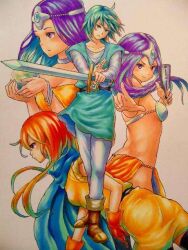  1boy 3girls alena alena_(dq4) bikini cape choker chunsoft circlet crystal_ball dragon_quest dragon_quest_iv dress enix fan folding_fan gloves hero_(dq4) kami_musume loincloth long_hair manya minea multiple_girls purple_eyes purple_hair red_hair siblings sisters swimsuit sword thighhighs twins weapon 