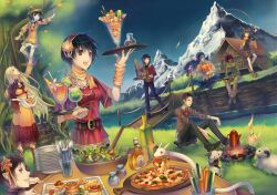  4girls 5boys black_hair blonde_hair brown_eyes commentary_request falseele food hair_ornament highres long_hair multiple_boys multiple_girls open_mouth original outdoors plate short_hair sky smile snake 