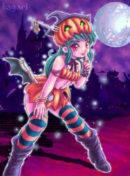  female green_hair halloween jack-o&#039;-lantern kagari_rui moon original pumpkin pumpkin_costume smile solo thighhighs 