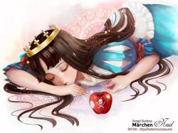  apple bad_id bad_pixiv_id brown_hair crown dress female food fruit lips long_hair maerchen_(sound_horizon) photoshop_(medium) puff_and_slash_sleeves puffy_sleeves schneewittchen skull_and_crossbones sleeping solo sound_horizon weed_(astarone) 