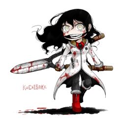  black_hair blood boots chibi commentary_request crazy_eyes empty_eyes female gardening_shears glasgow_smile grin hedge_trimmer kuchisake-onna original oso_(toolate) smile solo urban_legend white_eyes 