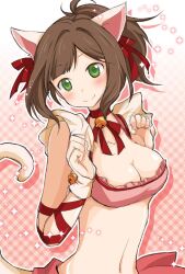  animal_ears arms_up bad_id bad_pixiv_id bell blush bra breasts brown_hair cat_ears cat_tail cleavage female green_eyes hair_ribbon idolmaster idolmaster_cinderella_girls jingle_bell large_breasts lingerie maekawa_miku midriff navel paw_pose ribbon short_hair skirt smile solo syno tail underwear 