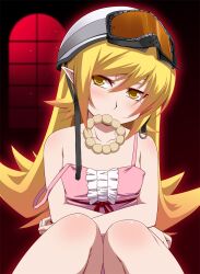  bad_id bad_pixiv_id bakemonogatari blonde_hair commentary_request doughnut dress female food goggles goggles_on_head hayashi_custom long_hair monogatari_(series) mouth_hold oshino_shinobu photoshop_(medium) pointy_ears solo strap_slip window yellow_eyes 