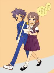  1boy blue_eyes commentary_request female hair_over_shoulder inazuma_eleven_(series) inazuma_eleven_go kageyama_hikaru kousaka_yukie long_hair purple_hair school_uniform serafuku short_hair side_ponytail smile tmrn walking 