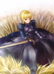  ahoge armor armored_dress artoria_pendragon_(fate) avalon_(fate/stay_night) bad_id bad_pixiv_id blonde_hair dress excalibur_(fate/stay_night) fate/stay_night fate_(series) female field highres irohara painttool_sai_(medium) saber_(fate) sheath sheathed solo 