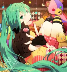  :p bad_id bad_pixiv_id female fingerless_gloves gloves green_eyes green_hair hatsune_miku long_hair looking_back pietani397 print_thighhighs sitting skirt solo striped_clothes striped_thighhighs stuffed_animal stuffed_toy teddy_bear thighhighs tongue tongue_out twintails very_long_hair vocaloid 