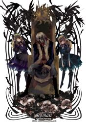  1boy 2girls another_roman blonde_hair blue_eyes commentary_request dress feathers flower gothic_lolita hair_ornament hiver_laurant hortense_(sound_horizon) lolita_fashion multiple_girls photoshop_(medium) roman_(sound_horizon) skeleton skull sound_horizon throne violette_(sound_horizon) weed_(astarone) white_hair 