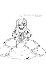  ahoge alternate_costume bad_id bad_pixiv_id braid choker dress expressionless female flower frilled_choker frilled_dress frills greyscale hair_flower hair_ornament holding holding_flower juliet_sleeves kanbe_kotori long_dress long_hair long_sleeves looking_at_viewer monochrome own_hands_together photoshop_(medium) puffy_sleeves rewrite sidelocks solo twin_braids very_long_hair yuihira_asu 