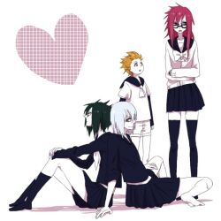  3boys crossdressing female hoozuki_suigetsu houzuki_suigetsu juugo karin_(naruto) miyawaki_chihiro multiple_boys naruto naruto_shippuuden school_uniform uchiha_sasuke 