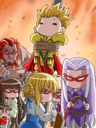  2boys 5girls =_= ahoge armor artoria_pendragon_(fate) bondage bound candle chains commentary_request covering_face fate/zero fate_(series) gilgamesh_(fate) highres hohetomaru irisviel_von_einzbern iskandar_(fate) long_hair manly mask multiple_boys multiple_girls pasties saber_(fate) sola-ui_nuada-re_sophia-ri star_pasties sweatdrop tied_up_(nonsexual) tohsaka_aoi tohsaka_rin whip you_gonna_get_raped 