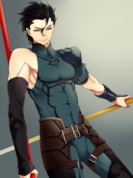  1boy ahoge bad_id bad_pixiv_id black_hair diarmuid_ua_duibhne_(lancer)_(fate) dual_wielding fate/zero fate_(series) gae_buidhe_(fate) gae_dearg_(fate) holding male_focus mole mole_under_eye polearm solo spear subaru_(hz) weapon yellow_eyes 