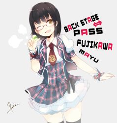  bad_id bad_pixiv_id black_hair black_thighhighs blush female glasses highres holding looking_at_viewer necktie one_eye_closed open_mouth original pun2 red-framed_eyewear short_hair simple_background skirt solo thighhighs vest wrist_cuffs yellow_eyes 