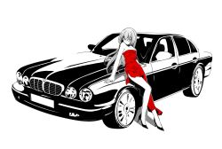  1boy b_(kana0816) bare_legs bare_shoulders car commentary_request crossdressing dress formal glasses high_heels jaguar_(car) kami_nomi_zo_shiru_sekai katsuragi_keima legs long_hair male_focus monochrome motor_vehicle otoko_no_ko red_dress shoes side_slit solo spot_color stiletto_heels strapless strapless_dress vehicle_focus wig 