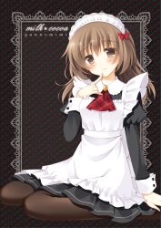  ascot bad_id bad_pixiv_id black_pantyhose blush bow brown_eyes brown_hair circle_name diagonal_stripes eyes_visible_through_hair female finger_to_mouth head_tilt headdress long_hair looking_at_viewer maid maid_headdress original pan_(mimi) pantyhose photoshop_(medium) polka_dot polka_dot_background sitting smile solo striped striped_background wariza 