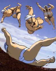  2channel 5boys aerial_battle afghanistan barefoot battle beard chest_hair cloud day dutch_angle facial_hair flying jumping kicking male_focus martial_arts mawashi meme misogram multiple_boys neta original sky sumo turban wrestler wrestling 