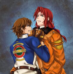  2boys blue_background brown_eyes brown_hair clenched_teeth coat commentary_request eiyuu_densetsu fingerless_gloves gloves green_eyes kazu_(2991308) lloyd_bannings long_hair low-tied_long_hair male_focus multiple_boys ponytail randolph_orlando red_hair shirt_grab teeth zero_no_kiseki 