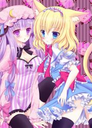  2girls alice_margatroid animal_ears bad_id bad_pixiv_id black_legwear blonde_hair breasts capelet cat_ears cat_tail cleavage crescent frills hairband hat highres honoka_chiffon kemonomimi_mode long_hair multiple_girls patchouli_knowledge purple_hair short_hair small_breasts smile tail thighhighs touhou very_long_hair zettai_ryouiki 