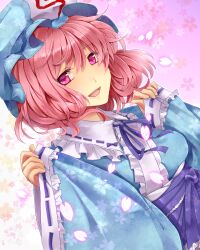  cherry_blossoms commentary_request dutch_angle female hat highres japanese_clothes petals pink_eyes pink_hair saigyouji_yuyuko sakura_ran short_hair solo touhou triangular_headpiece upper_body 