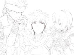  3boys black_and_white cape crossover fire_emblem frown gabu_kichi gabukichi headband ike kissing kissing_hand male male_focus marth metal_gear metal_gear_(series) metal_gear_solid monochrome multiple_boys nintendo no_color short_hair smile solid_snake spiked_hair spiky_hair super_smash_bros. yaoi 