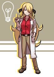  blonde_hair blush breasts cosplay female habatakuhituji hair_ornament hair_over_one_eye labcoat large_breasts long_hair ookido_yukinari pokemon purple_eyes shirona_(pokemon) smile solo very_long_hair 