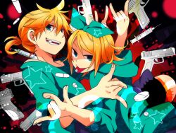  1boy \m/ blonde_hair blue_eyes brother_and_sister commentary_request drugs female grin gun hair_between_eyes hair_ribbon handgun jabberwocky_jabberwocka_(vocaloid) kagamine_len kagamine_rin pill ribbon short_hair siblings smile suzumi_(fallxalice) swept_bangs syringe tongue twins vocaloid weapon 