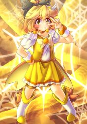  alternate_costume blonde_hair bow choker commentary_request cosplay cure_peace cure_peace_(cosplay) female fun_bo hair_flaps hairbow kurodani_yamame ponytail precure short_hair shorts shorts_under_skirt silk skirt smile smile_precure solo spider_web touhou v yellow_background yellow_bow yellow_choker yellow_eyes yellow_shorts yellow_skirt yellow_theme 