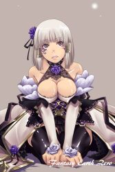  arm_support bare_shoulders black_thighhighs breasts collarbone commentary_request dress facial_mark fantasy_earth_zero female lace large_breasts lips mr.romance seiza simple_background sitting solo thighhighs white_hair 