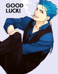  1boy bad_id bad_pixiv_id blue_hair cigarette cu_chulainn_(fate) cu_chulainn_(fate/stay_night) earrings fate/hollow_ataraxia fate/stay_night fate_(series) jewelry long_hair male_focus necktie photoshop_(medium) ponytail red_eyes smoking solo sukumaraku vest waistcoat 