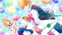  1boy bad_id bad_pixiv_id balloon blonde_hair blue_eyes bow brother_and_sister dutch_angle female flower hair_flower hair_ornament hair_ribbon hairclip kagamine_len kagamine_rin microphone microphone_stand ribbon short_hair siblings sitting smile sparkle suzumi_(fallxalice) twins vocaloid 