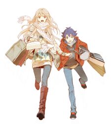  2boys afuro_terumi androgynous bag blonde_hair blue_eyes blue_hair boots casual denim inazuma_eleven_(series) inazuma_eleven_go izumi_(nagashi) jeans kishibe_taiga long_hair multiple_boys open_mouth otoko_no_ko pants photoshop_(medium) red_eyes running scarf shoes shopping_bag sneakers 