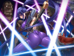  akiyama_rinko aoi_nagisa_(artist) ass back black_lilith blue_hair bodysuit breasts fangs female female fight fighting fishnets game_cg gauntlets girl gloves holding legs long_hair looking_at_viewer looking_back monster ninja parted_lips ponytail profile purple_eyes serious sharp_teeth shiny shiny_clothes skin_tight slashing sword taimanin_yukikaze thighs very_long_hair wallpaper weapon 