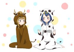  2girls 7001 animal_costume blue_hair blush braid commentary_request cow_costume furutani_himawari horse_costume multiple_girls oomuro_sakurako sitting yuru_yuri 