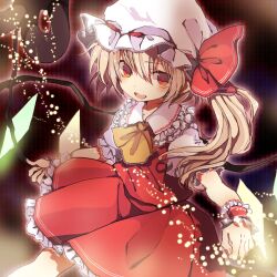  ascot blonde_hair blush commentary_request female flandre_scarlet hair_between_eyes hat miya_(tsumazukanai) oerba_yun_fang red_eyes ribbon short_hair side_ponytail skirt smile solo touhou wings wrist_cuffs 