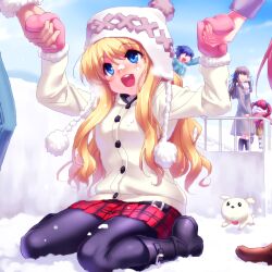  1boy 3girls :d air_(visual_novel) beanie black_pantyhose black_socks black_thighhighs blonde_hair blush canine commentary_request hat holding_hands kamio_misuzu kirishima_kano michiru_(air) mittens multiple_girls oekaki open_mouth pantyhose plaid plaid_skirt potato_(air) sitting skirt smile snow socks thighhighs toono_minagi wariza zen_(kamuro) 