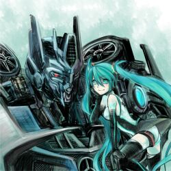  1other aqua_eyes aqua_hair commentary_request elbow_gloves female gloves goodsmile_racing hatsune_miku head_rest long_hair mecha_on_girl race_queen racing_miku racing_miku_(2011) rkp smile soundwave_(transformers) thighhighs transformers transformers:_dark_of_the_moon transformers_(live_action) twintails very_long_hair vocaloid 