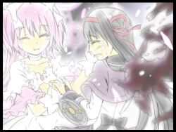  2girls akemi_homura akemi_homura_(magical_girl) bad_id bad_pixiv_id black_hair border gloves hand_on_another&#039;s_cheek hand_on_another&#039;s_face highres holding_hands interlocked_fingers kaname_madoka long_hair magical_girl mahou_shoujo_madoka_magica mahou_shoujo_madoka_magica_(anime) multiple_girls nonone_(the9thxsheep) pink_hair ribbon smile spoilers tears ultimate_madoka 