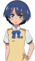  ano_natsu_de_matteru blue_hair blush_stickers bow commentary_request female green_eyes hand_on_own_hip hidejiu school_uniform short_hair solo sweater_vest tanigawa_kanna 