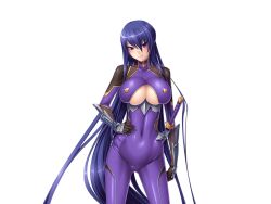  &gt;:) akiyama_rinko aoi_nagisa_(metalder) armor blue_hair bodysuit breasts cleavage cleavage_cutout clothing_cutout covered_navel female fishnets game_cg hand_on_own_hip japanese_armor kote large_breasts long_hair ninja purple_bodysuit purple_eyes sheath sheathed simple_background skindentation smile solo standing sword taimanin_(series) taimanin_yukikaze underboob v-shaped_eyebrows very_long_hair weapon white_background 