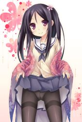  black_hair black_pantyhose blush cardigan clothes_lift crotch_seam female flower hair_flower hair_ornament long_hair looking_at_viewer off_shoulder original panties panties_under_pantyhose pantyhose pleated_skirt purple_eyes ryo_(botugo) school_uniform serafuku skirt skirt_lift smile solo thighband_pantyhose two_side_up underwear 